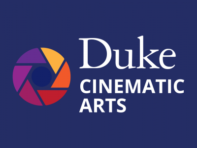 An image of the Duke Cinematic Arts logo against a Duke blue background